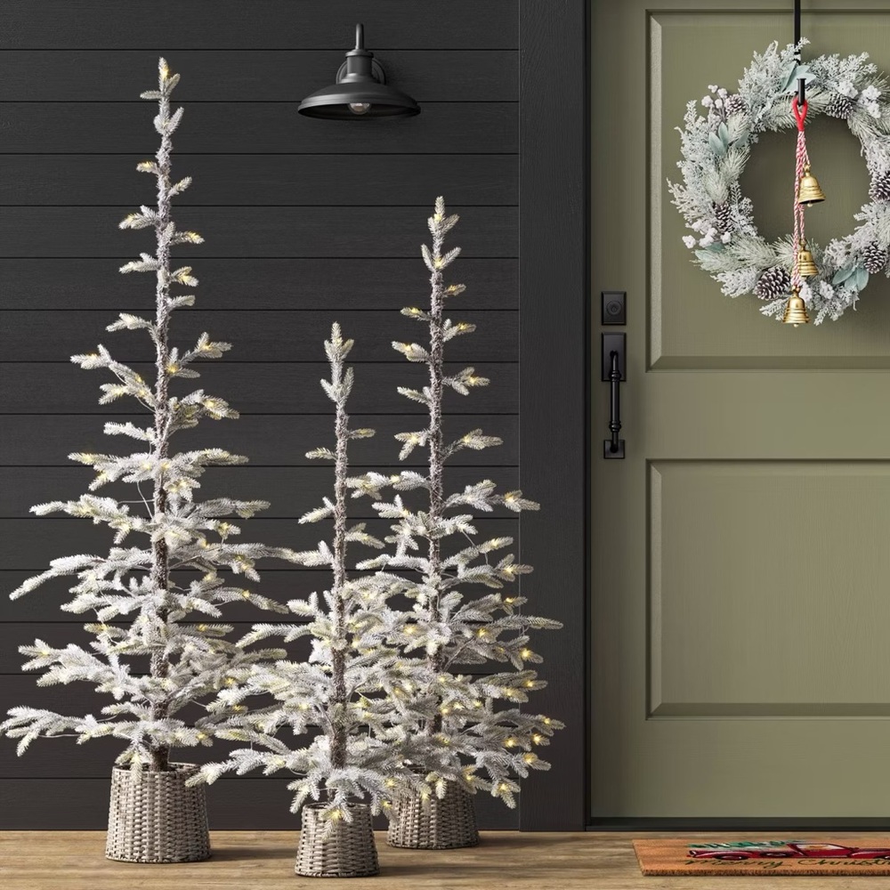 NWT 2 Pre- Lit Flocked Balsam Christmas Tree with Basket Base